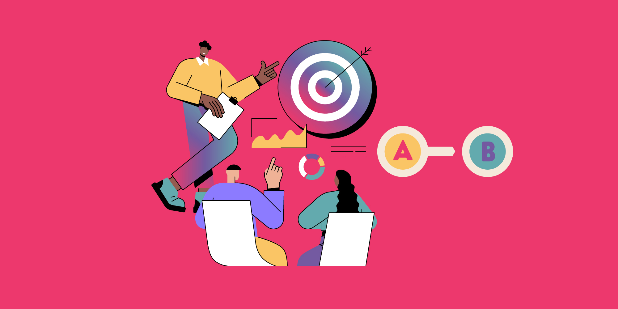 Illustration of man presenting at infographics in a meeting.